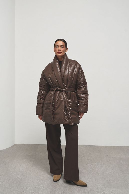 Пуховик подовжений під пояс коричневий